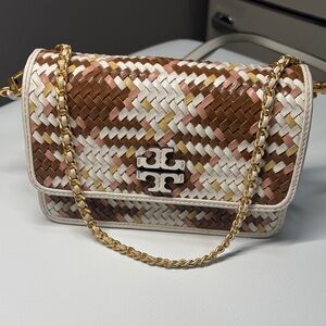 Tory Burch Britten Woven Crossbody Bag in Cream and Brown